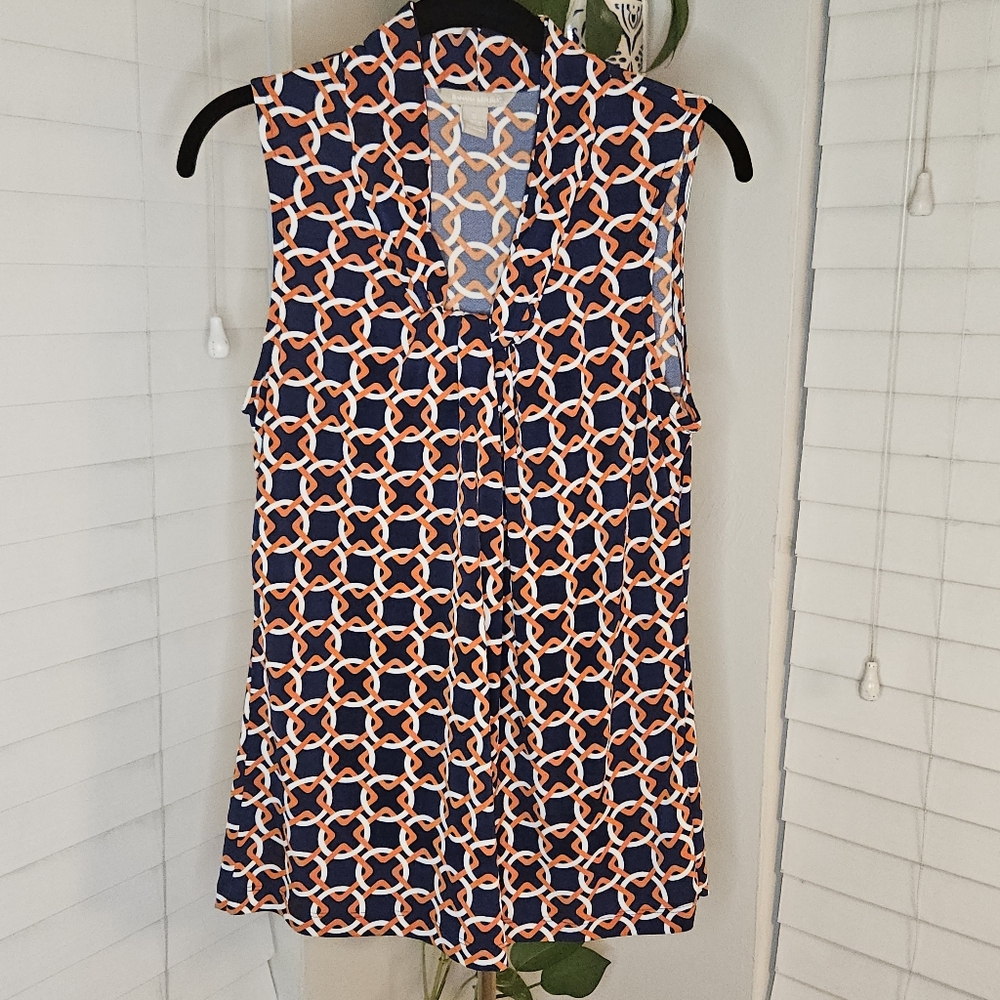 Banana Republic Sleeveless Geometric Chain Link Ruffle Neck Blouse - Navy/Orange